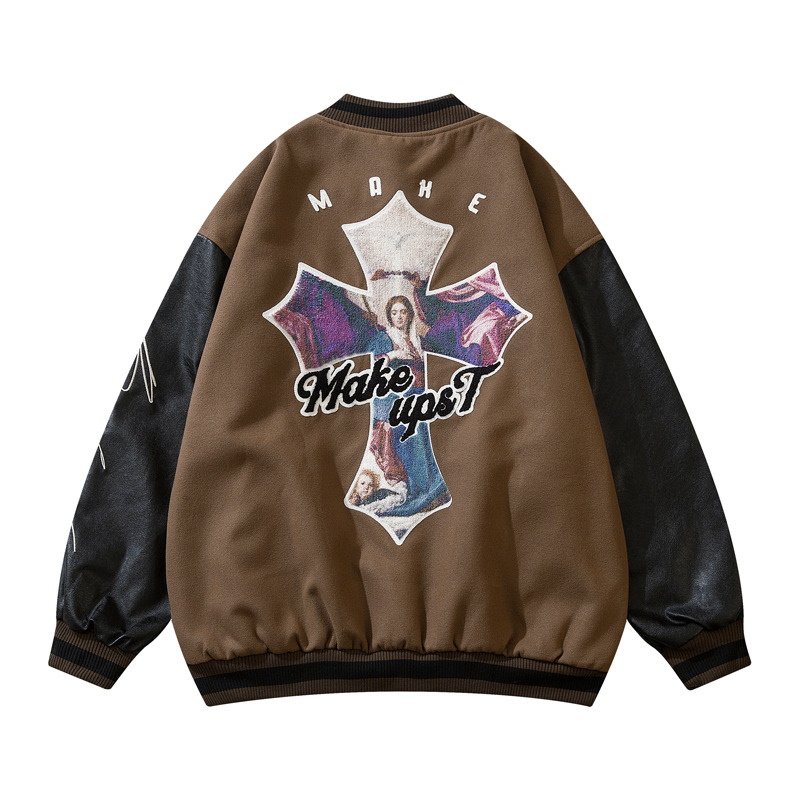 画像3: Madonna cross embroidery Jumper jacket baseball uniform jacket blouson ユニセッ クス男女兼用マリアマドンナ&クロス刺繍ジャケットスタジアムジャンパー スタジャン ブルゾンジャケット (3)
