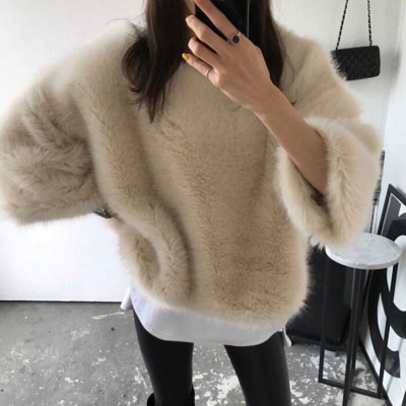 画像4: Women's simple fakerabbit Faux fur Pullover short coat sweater シンプル プルオーバー モコモコ フェイクラビットファー エコファー ポンチョ トップス コート セーター  (4)