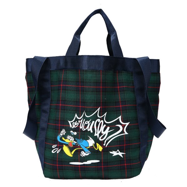 画像1: Check x Mickey Mouse donald duck Tote Shoulder Eco Bag　チェック柄×ミッキーマウス ドナルドダックトートショルダーバッグ エコバッグ (1)