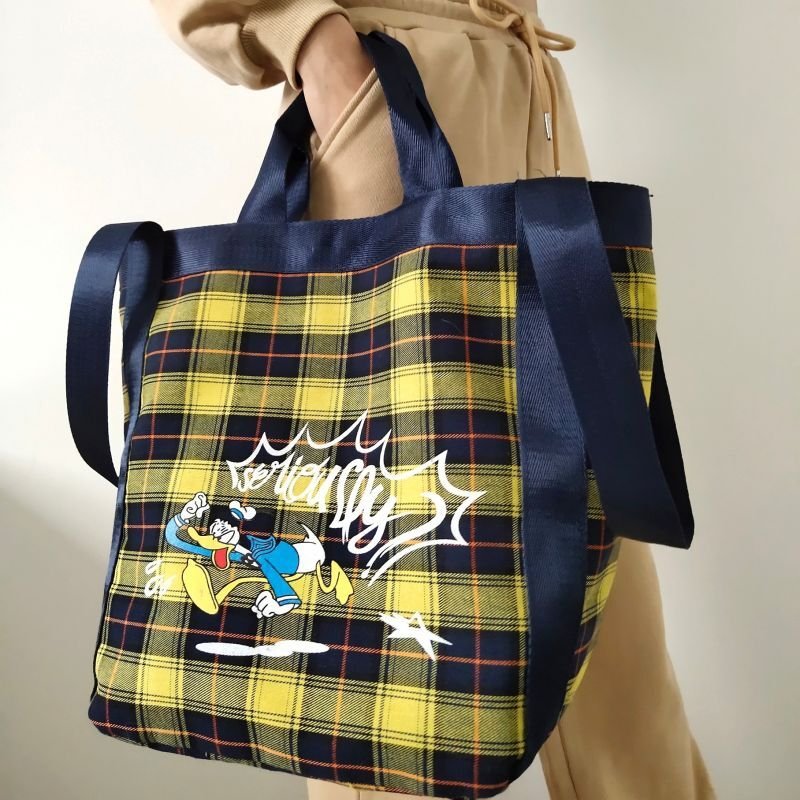 画像5: Check x Mickey Mouse donald duck Tote Shoulder Eco Bag チェック柄×ミッキーマウス ドナルドダックトートショルダーバッグ エコバッグ (5)