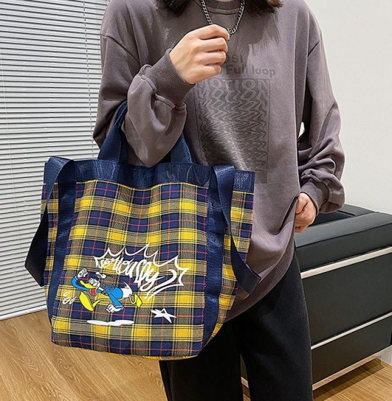画像3: Check x Mickey Mouse donald duck Tote Shoulder Eco Bag チェック柄×ミッキーマウス ドナルドダックトートショルダーバッグ エコバッグ (3)