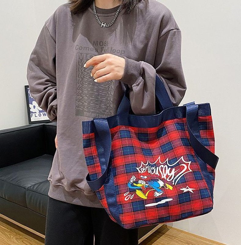 画像2: Check x Mickey Mouse donald duck Tote Shoulder Eco Bag チェック柄×ミッキーマウス ドナルドダックトートショルダーバッグ エコバッグ (2)