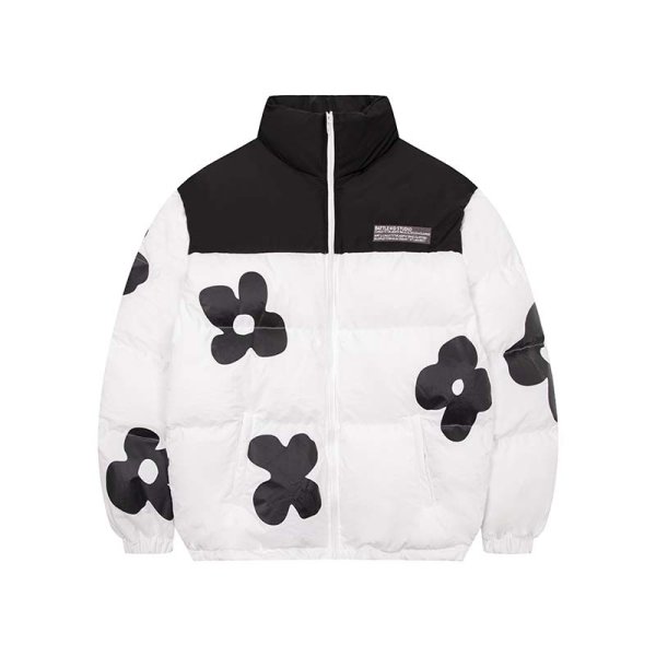 画像2: Flower Print Stand Neck Collar coat Jumper jacket baseball uniform jacket blouson　ユニセッ クス男女兼用スタンドカラージップアップフラワープリントダウンジャケットスタジアムジャンパー スタジャン ブルゾンジャケット (2)