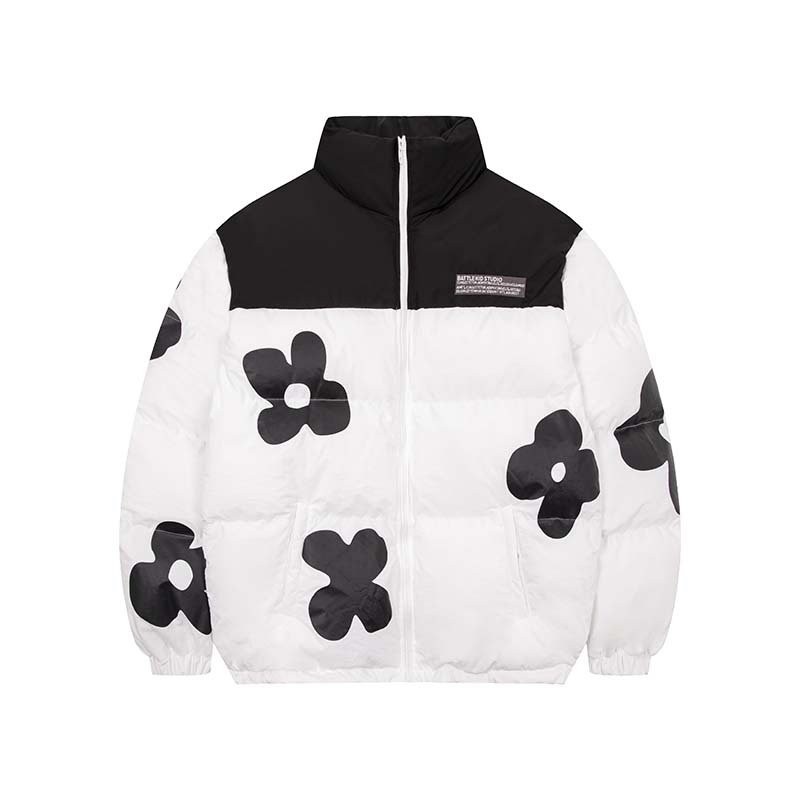 画像2: Flower Print Stand Neck Collar coat Jumper jacket baseball uniform jacket blouson ユニセッ クス男女兼用スタンドカラージップアップフラワープリントダウンジャケットスタジアムジャンパー スタジャン ブルゾンジャケット (2)