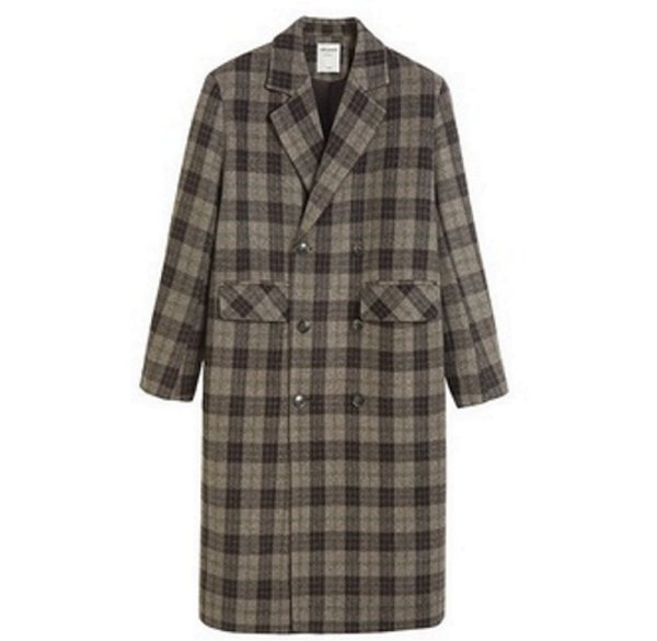 画像1: green gray plaid profile woolen coat Long Coat  Jacket　チェックダブルブレストロング コート ジャケット (1)