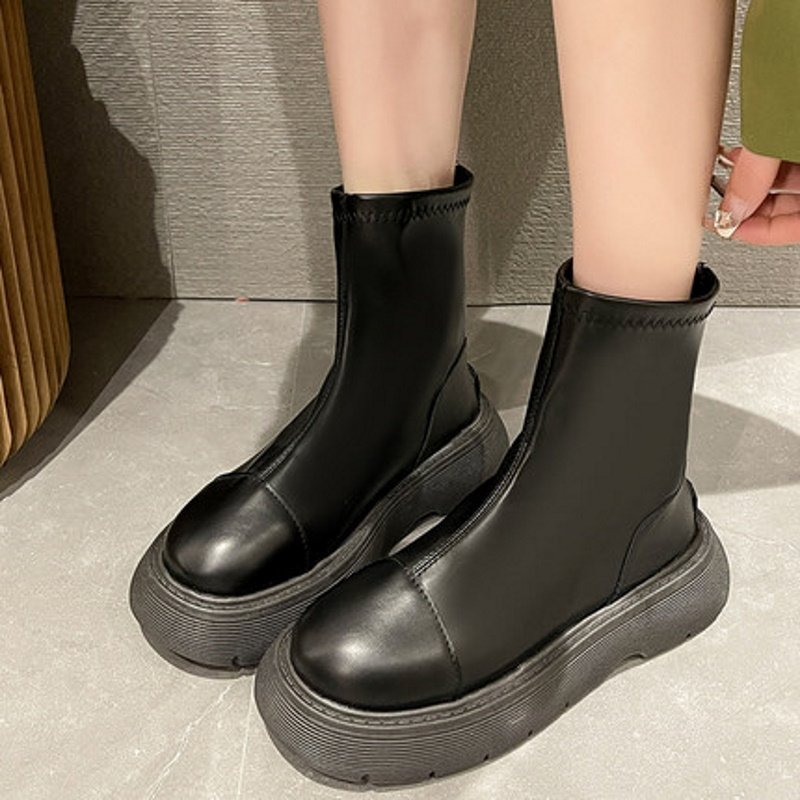 画像2: Woman's muffin thick bottom boots マフィン 厚底プラットフォームレザージップショートブーツ (2)