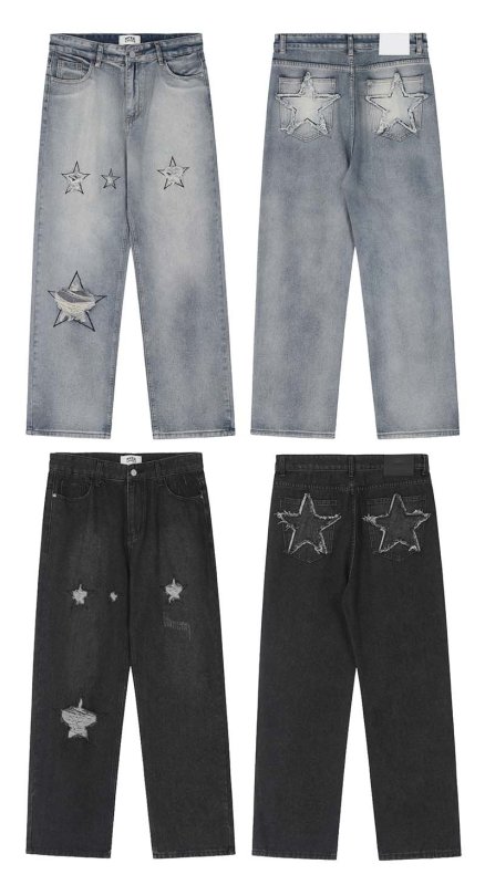 画像6: Unisex washed star embroidery DENIM PANTS jeans  Pants　ユニセックダメージスター星デニムパンツジーンズパンツ (6)