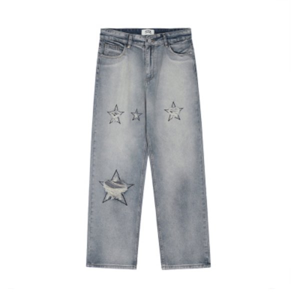 画像1: Unisex washed star embroidery DENIM PANTS jeans  Pants　ユニセックダメージスター星デニムパンツジーンズパンツ (1)