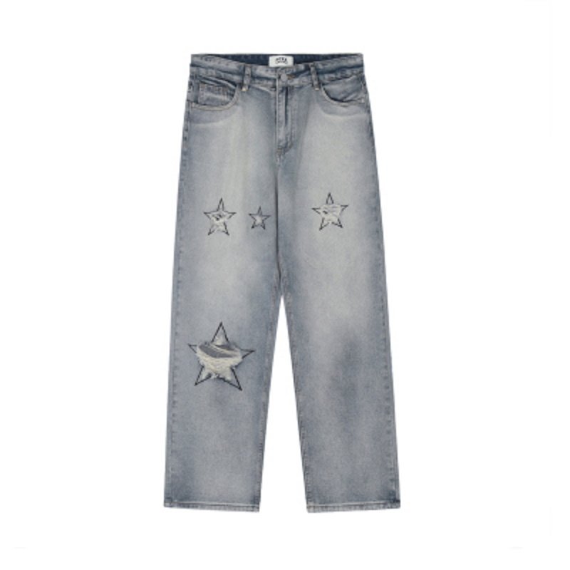 画像1: Unisex washed star embroidery DENIM PANTS jeans  Pants　ユニセックダメージスター星デニムパンツジーンズパンツ (1)