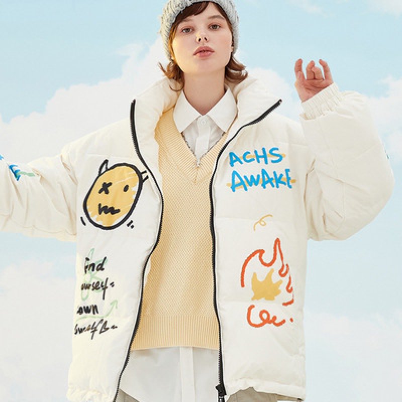 画像5: 22 graffiti Smile Smily Graffiti paint hip-hop stand-up collar Down jacket blouson  ユニセックス 男女兼用 スマイル グラフィック 落書き ダウン ジャケット ブルゾン (5)