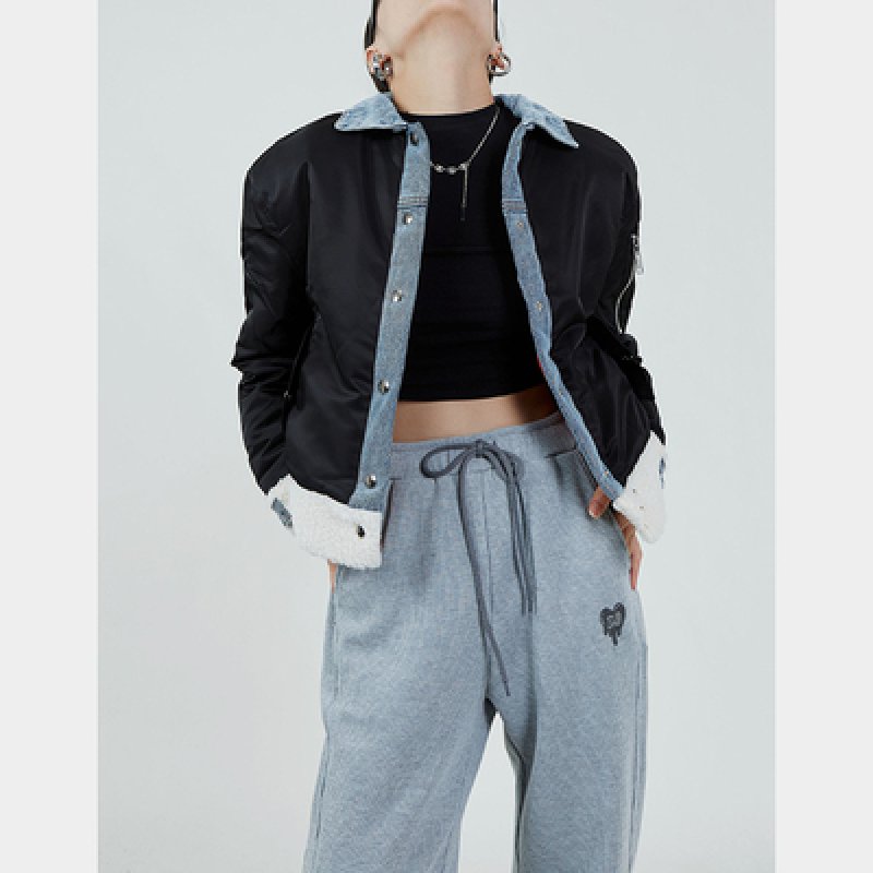 画像3: Oversized MA1 Patchwork Jeans Short Jacket Boa Fleece denim jacket coat 切り替え MA1 ボア モコモコ フリース フライト デニムジャケット Gジャン ジーンズ ショート丈コート (3)