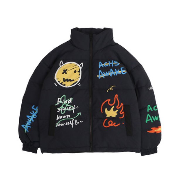 画像1: 22 graffiti Smile Smily Graffiti paint hip-hop stand-up collar Down jacket blouson  ユニセックス 男女兼用 スマイル グラフィック 落書き ダウン ジャケット ブルゾン (1)