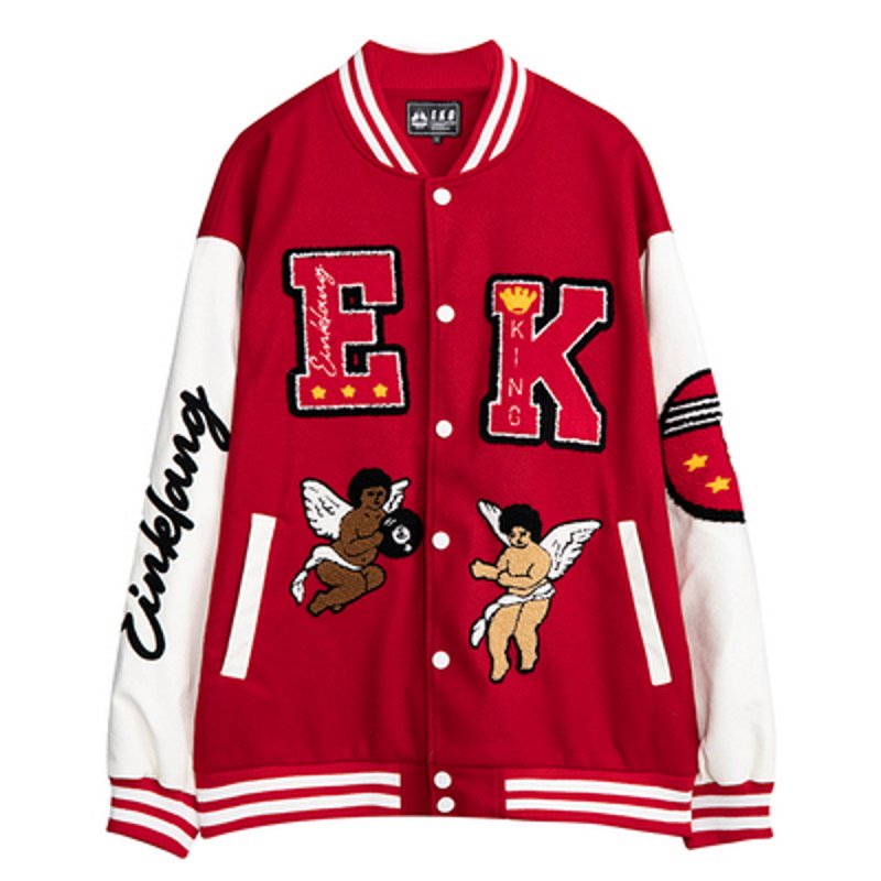 画像2: black & white angel embroidery BASEBALL JACKET baseball uniform jacket blouson ユニセックス 男女兼用 ブラック&ホワイトエンジェル天使刺繍スタジアムジャンパー スタジャン MA-1 ボンバー ジャケット ブルゾン (2)