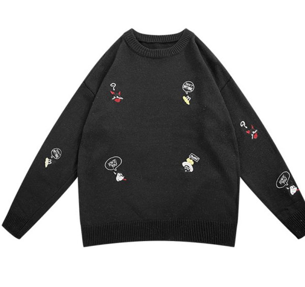 画像1: unisex  round neck cartoon embroidery sweater pullover   ユニセックス 男女兼用コミック刺繍プルオーバーセーター (1)