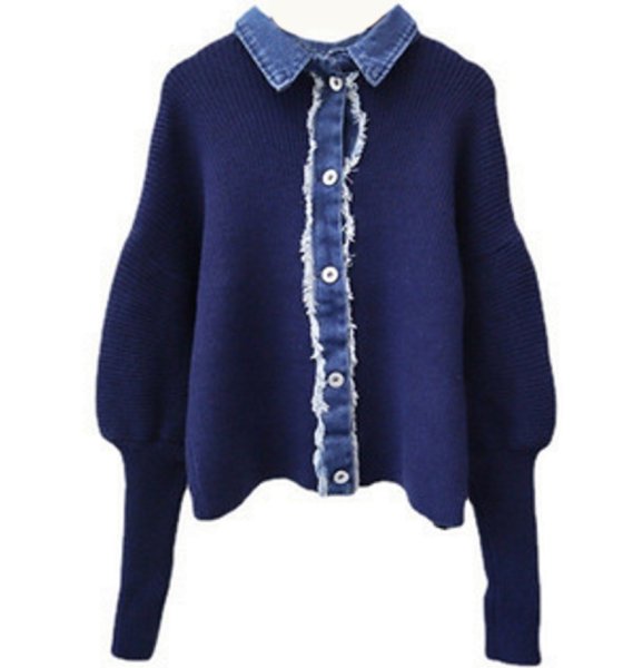 画像1: Stitching denim knitted cardigan Long  Sleeve  jacket 　ロングスリーブステッチデニムダメージニットカーディガン セーター  (1)