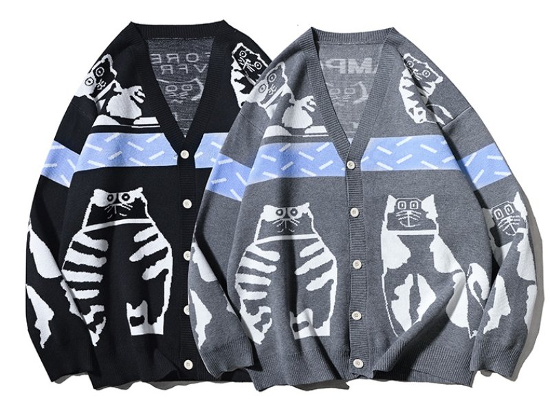 画像5: unisex Cat braided V-neck cardigan sweater   ユニセックス 男女兼用キャット編み込みVネックカーディガセーター (5)