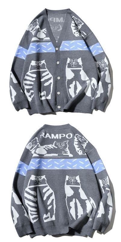 画像3: unisex Cat braided V-neck cardigan sweater   ユニセックス 男女兼用キャット編み込みVネックカーディガセーター (3)