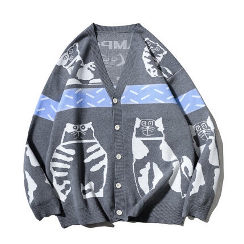 画像1: unisex Cat braided V-neck cardigan sweater   ユニセックス 男女兼用キャット編み込みVネックカーディガセーター (1)