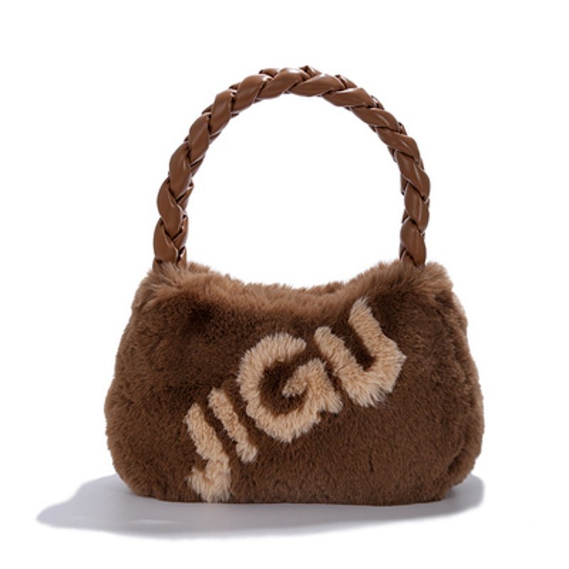 画像5: one-shoulder portable plush bag underarm Bucket Bag  アンダーアームファー&ロゴトートショルダーバッグ  (5)