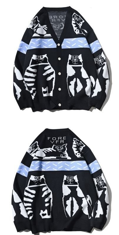 画像4: unisex Cat braided V-neck cardigan sweater   ユニセックス 男女兼用キャット編み込みVネックカーディガセーター (4)