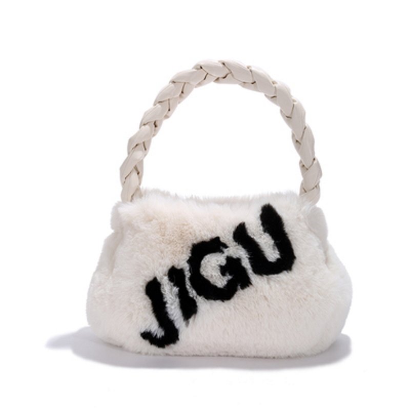 画像3: one-shoulder portable plush bag underarm Bucket Bag  アンダーアームファー&ロゴトートショルダーバッグ  (3)