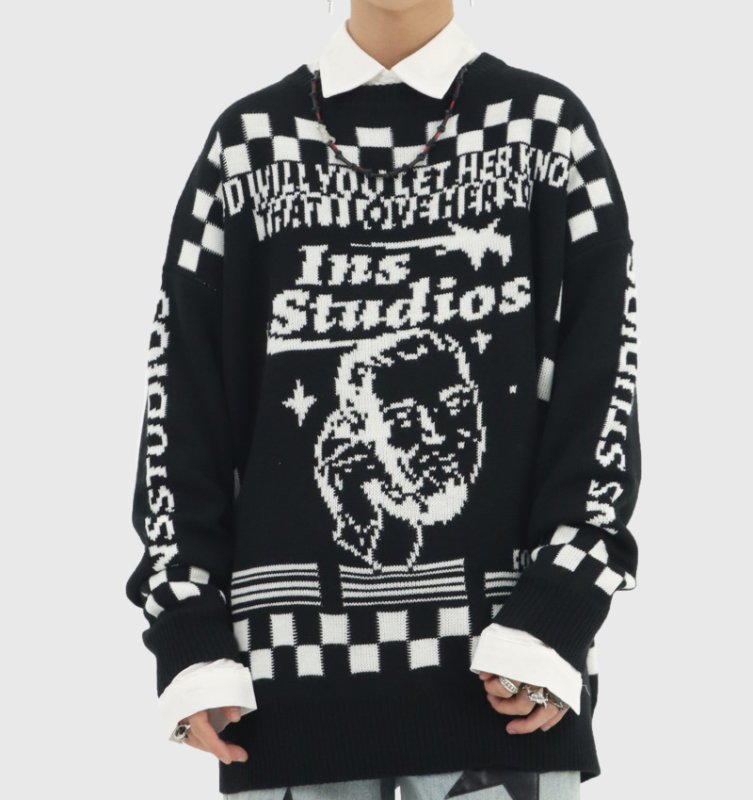 画像5: face print pullover sweater  ユニセックス 男女兼用アメリカンレトロ プルオーバセーター (5)