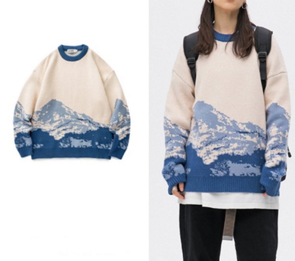 画像1: snow mountain color matching sweater pullover sweater  ユニセックス 男女兼用スノーマウンティン プルオーバセーター (1)