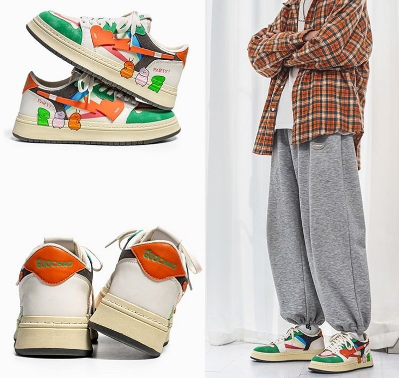 画像2:  Pop Character & Heart Leather  LACE-UP SNEAKERS shoes  ユニセックス男女兼用ポップキャラ&ハートレザースニーカーレザーレースアップスニーカー カジュアル シューズ (2)