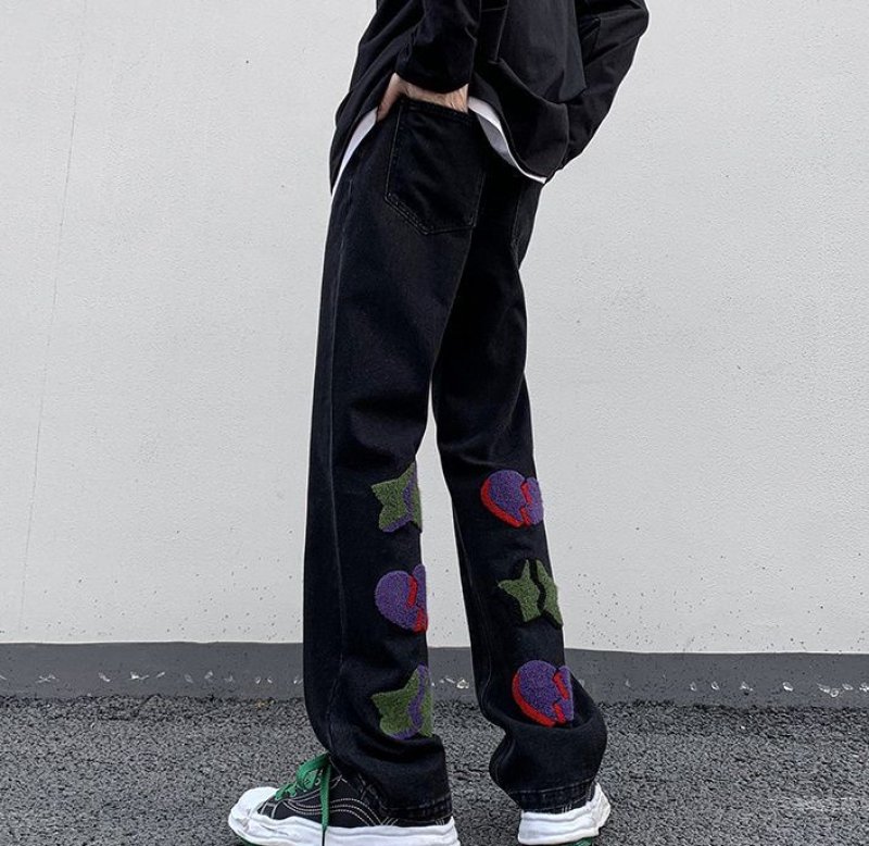 画像2: Unisex Broken heart embroidery denim pants loose straight wide pants DENIM PANTS jeans  Pants ユニセック男女兼用ブロークンハート刺繍 ゆったり ストレートワイドパンツデニムパンツジーンズパンツ (2)