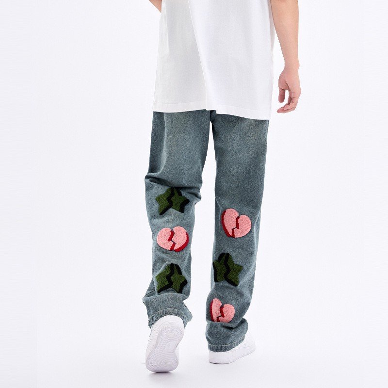 画像4: Unisex Broken heart embroidery denim pants loose straight wide pants DENIM PANTS jeans  Pants ユニセック男女兼用ブロークンハート刺繍 ゆったり ストレートワイドパンツデニムパンツジーンズパンツ (4)