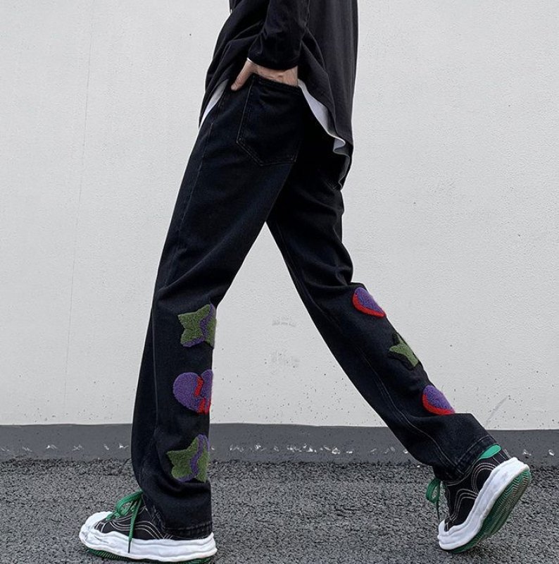 画像5: Unisex Broken heart embroidery denim pants loose straight wide pants DENIM PANTS jeans  Pants ユニセック男女兼用ブロークンハート刺繍 ゆったり ストレートワイドパンツデニムパンツジーンズパンツ (5)