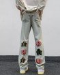 画像3: Unisex Broken heart embroidery denim pants loose straight wide pants DENIM PANTS jeans  Pants　ユニセック男女兼用ブロークンハート刺繍 ゆったり ストレートワイドパンツデニムパンツジーンズパンツ (3)