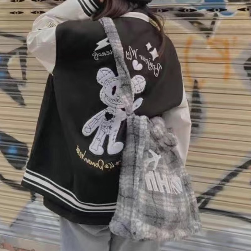 画像8: plaid lamb velvet tote shoulder Messenger handbag  チェックファートートショルダーバッグ (8)