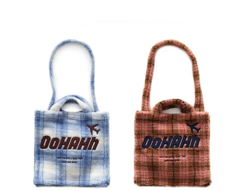 画像4: plaid lamb velvet tote shoulder Messenger handbag  チェックファートートショルダーバッグ (4)