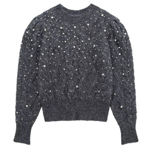 画像1: pearl decoration gray sweater pullover Round Neck  knit　パール付きグレーアラン模様ラウンドネックニットプルオーバーセーター  (1)