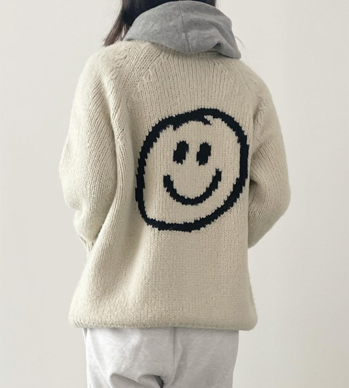 画像15: Back Smile Classic Polo Collar Zipper Sweater Jacket Knitted Cardigan jacket blouson ユニセッ クス男女兼用スマイル編み込みジップアップカウチンカーディガンジャケットジャンパー セーター (15)