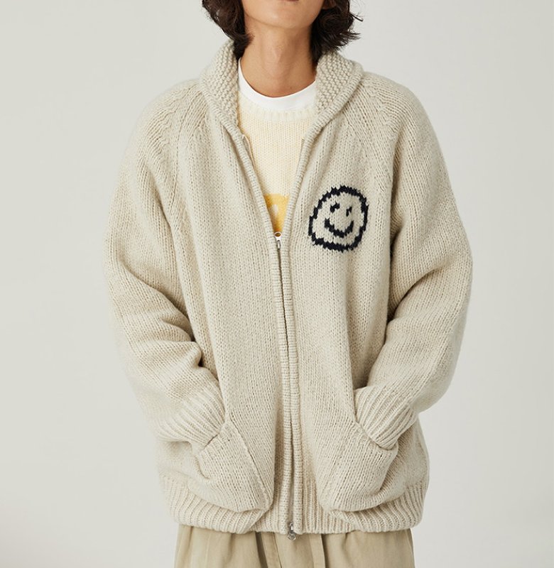 画像16: Back Smile Classic Polo Collar Zipper Sweater Jacket Knitted Cardigan jacket blouson ユニセッ クス男女兼用スマイル編み込みジップアップカウチンカーディガンジャケットジャンパー セーター (16)