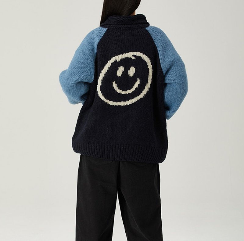 画像10: Back Smile Classic Polo Collar Zipper Sweater Jacket Knitted Cardigan jacket blouson ユニセッ クス男女兼用スマイル編み込みジップアップカウチンカーディガンジャケットジャンパー セーター (10)