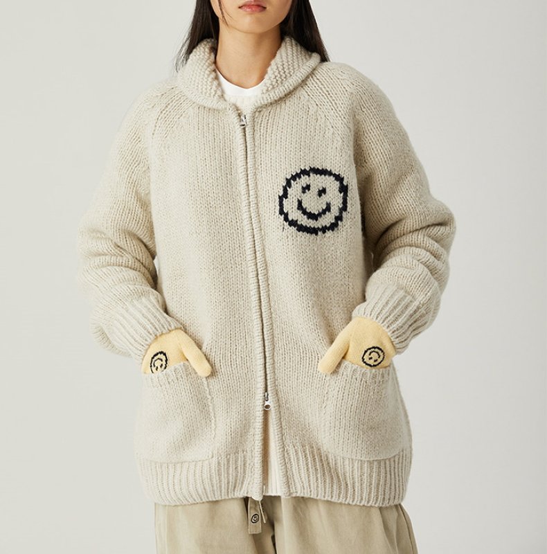 画像7: Back Smile Classic Polo Collar Zipper Sweater Jacket Knitted Cardigan jacket blouson ユニセッ クス男女兼用スマイル編み込みジップアップカウチンカーディガンジャケットジャンパー セーター (7)