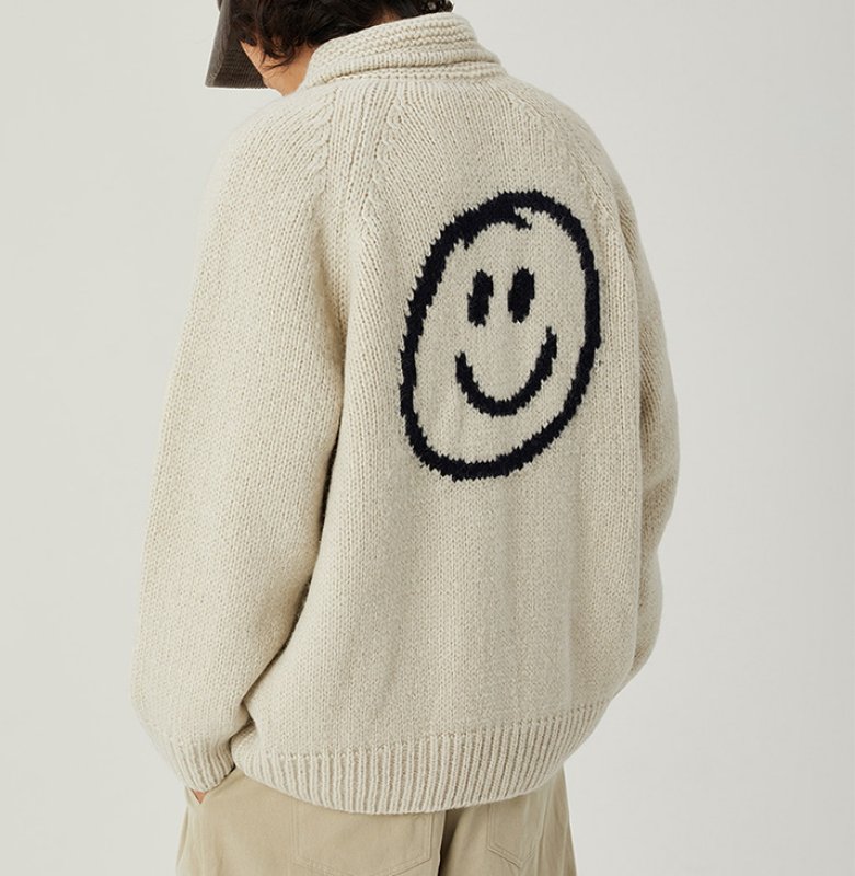 画像5: Back Smile Classic Polo Collar Zipper Sweater Jacket Knitted Cardigan jacket blouson ユニセッ クス男女兼用スマイル編み込みジップアップカウチンカーディガンジャケットジャンパー セーター (5)