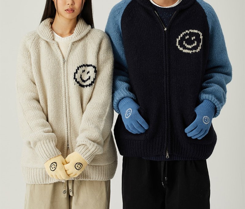 画像3: Back Smile Classic Polo Collar Zipper Sweater Jacket Knitted Cardigan jacket blouson ユニセッ クス男女兼用スマイル編み込みジップアップカウチンカーディガンジャケットジャンパー セーター (3)