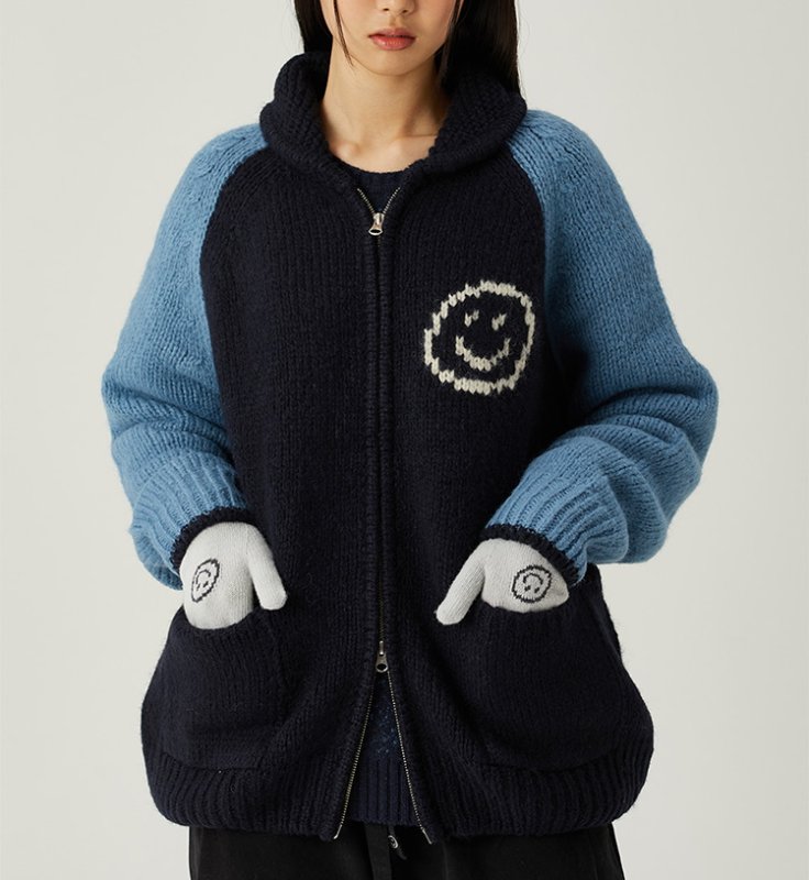 画像8: Back Smile Classic Polo Collar Zipper Sweater Jacket Knitted Cardigan jacket blouson ユニセッ クス男女兼用スマイル編み込みジップアップカウチンカーディガンジャケットジャンパー セーター (8)