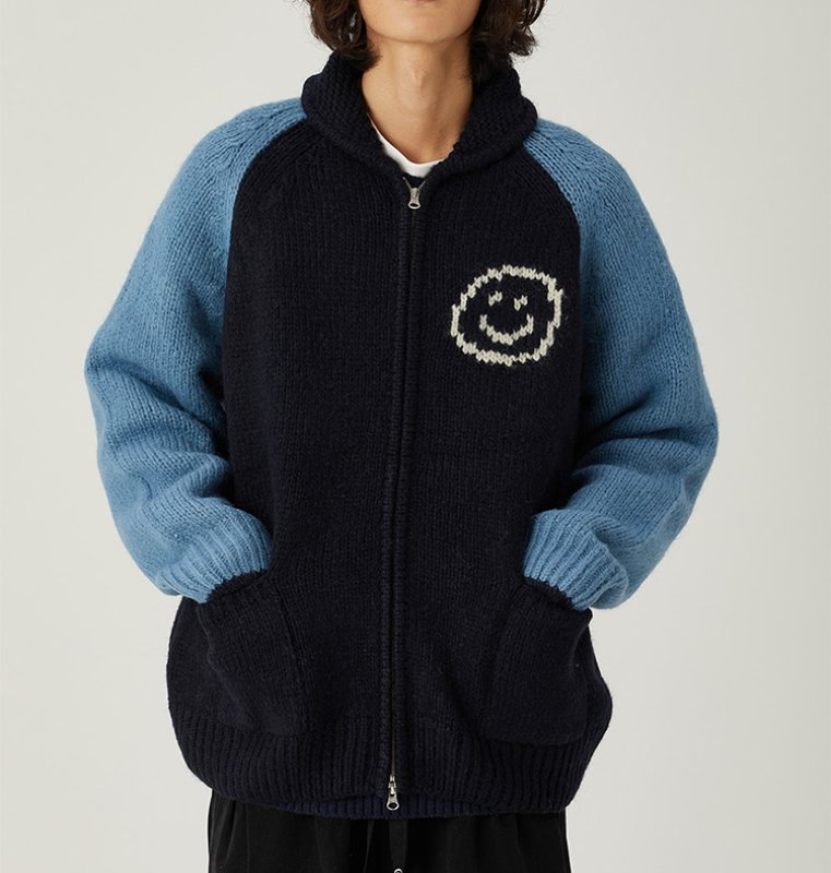 画像6: Back Smile Classic Polo Collar Zipper Sweater Jacket Knitted Cardigan jacket blouson ユニセッ クス男女兼用スマイル編み込みジップアップカウチンカーディガンジャケットジャンパー セーター (6)