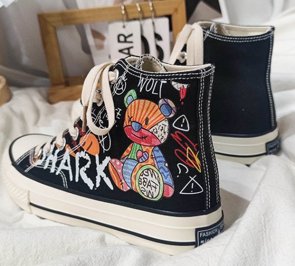 画像4: graffiti bear kaws high cut lace-up sneakers　ユニセックス男女兼用グラフィックベア熊カウズレースアップレザースニーカー (4)