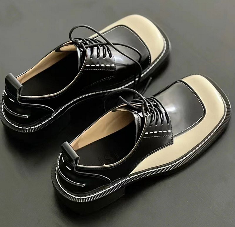 画像9:  Panda color stitching Derby shoes pumps　バイカラーレザースクエアトゥレースアップブリティッシュローファーパンプス　スリッポン (9)