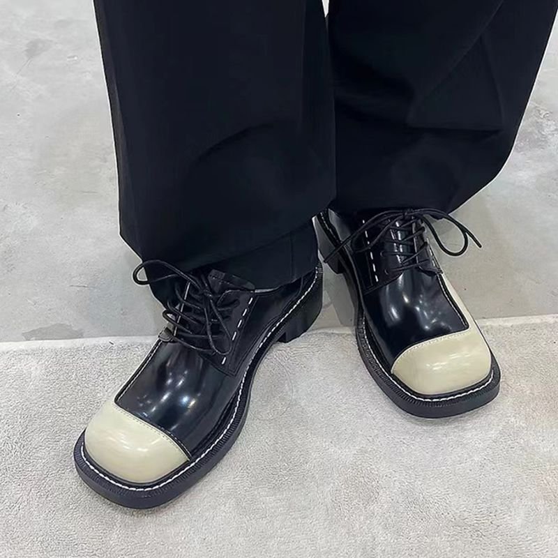 画像5:  Panda color stitching Derby shoes pumps　バイカラーレザースクエアトゥレースアップブリティッシュローファーパンプス　スリッポン (5)