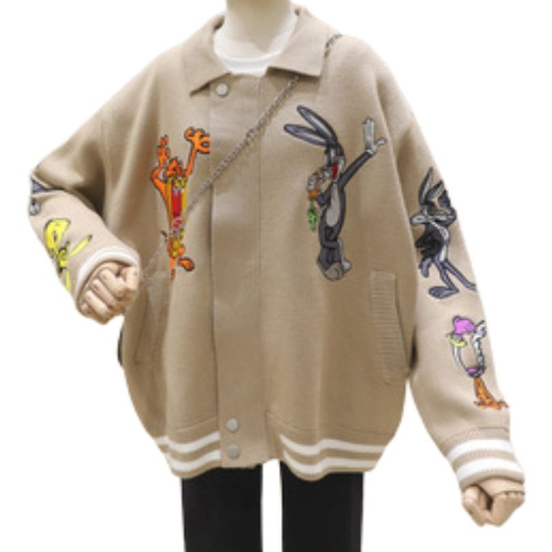 画像4: Bugs Bunny Knit Zip Up Jacket baseball uniform jacket blouson ユニセックス 男女兼用 バックスバニーニット ジップアップジャケット スタジアムジャンパー スタジャン ブルゾン (4)