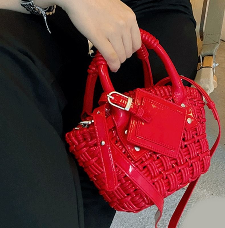 画像10: PU LEATHER BRAIDED MINI TOTE SHOULDER BAG レザー編み込みミニトートショルダーバッグクラッチかご籠バッグ (10)