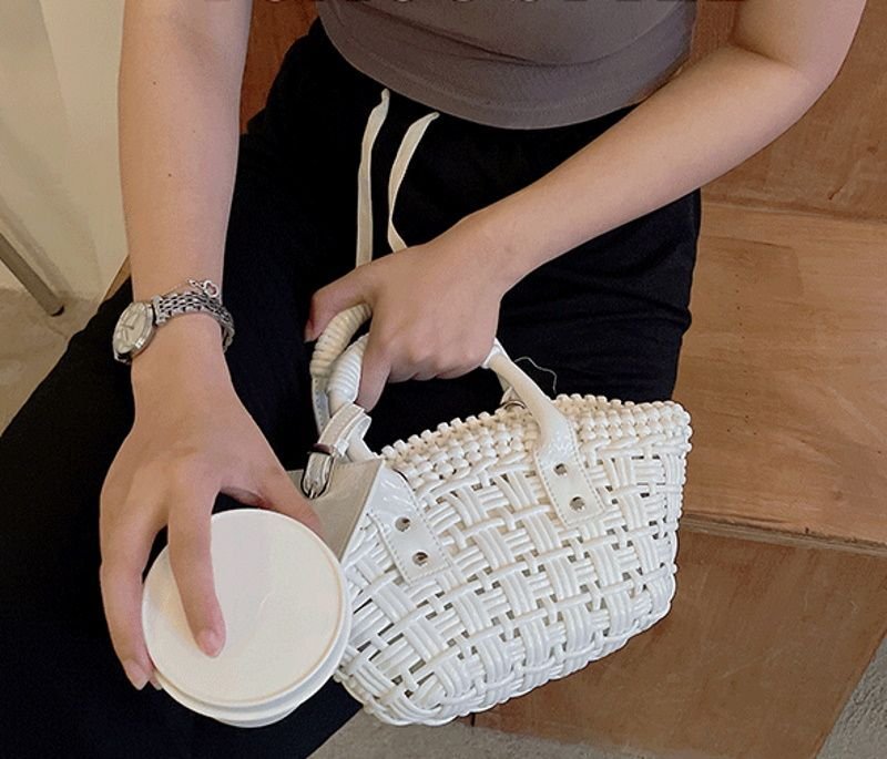 画像9: PU LEATHER BRAIDED MINI TOTE SHOULDER BAG レザー編み込みミニトートショルダーバッグクラッチかご籠バッグ (9)