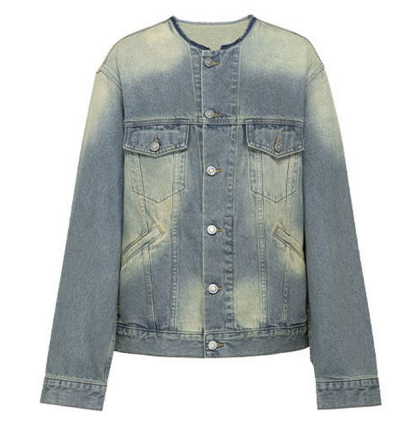 画像1: collarless denim jacket 　男女兼用ユニセックスノーカラー丸首デニムジャケット (1)